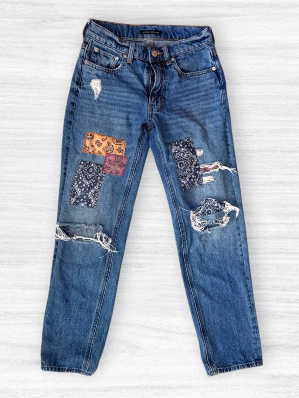 Lucky Brand Mid Rise Boy Bandana Patchwork Distressed Boyfriend Jeans 24 / 00